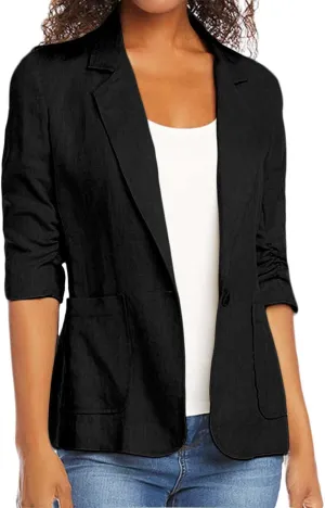 2024 Summer Linen Blazer Women 3/4 Ruched Sleeve Summer Lightweight Breathable Casual Work Office Jacket with Pocket