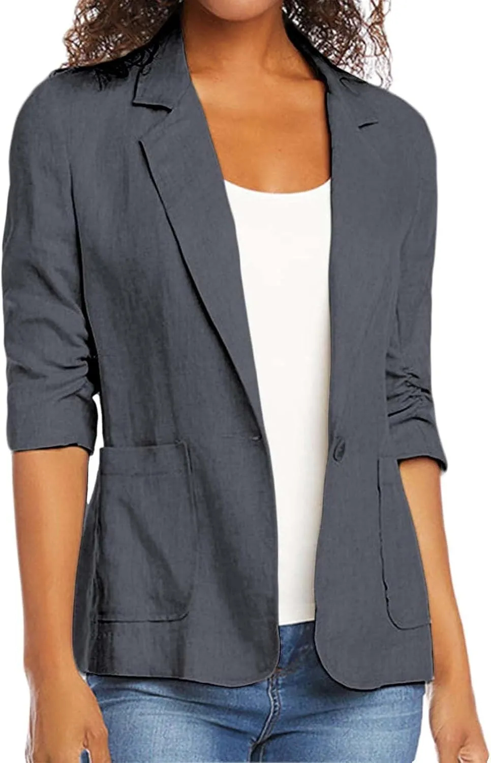 2024 Summer Linen Blazer Women 3/4 Ruched Sleeve Summer Lightweight Breathable Casual Work Office Jacket with Pocket