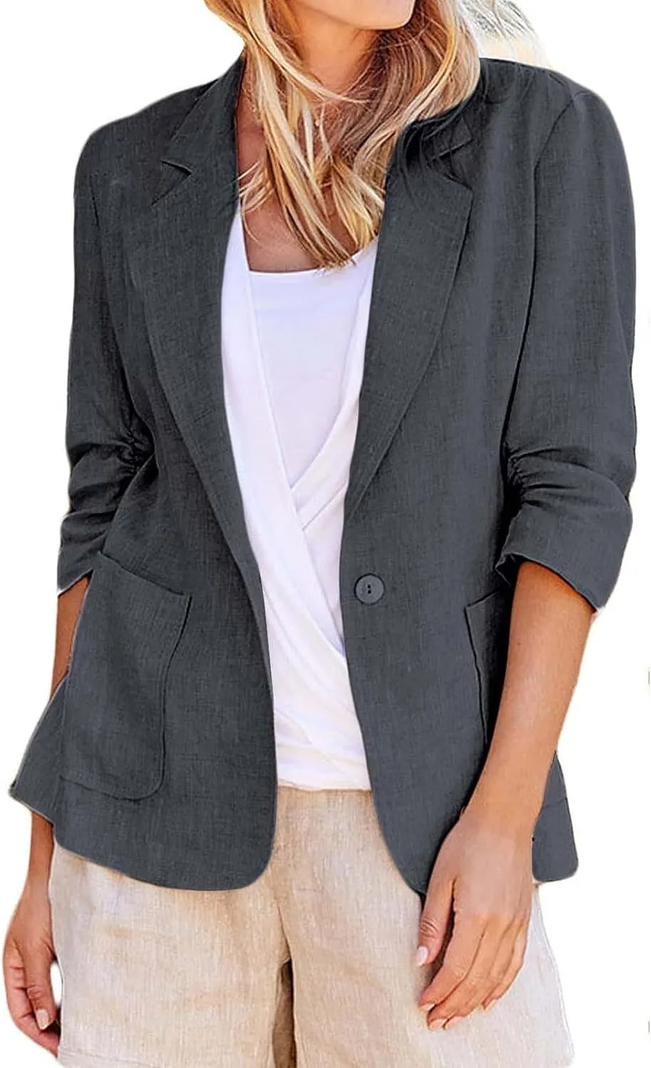 2024 Summer Linen Blazer Women 3/4 Ruched Sleeve Summer Lightweight Breathable Casual Work Office Jacket with Pocket