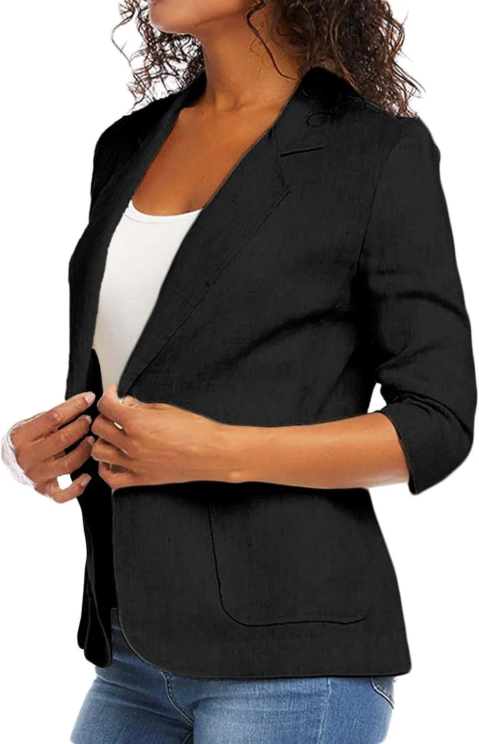 2024 Summer Linen Blazer Women 3/4 Ruched Sleeve Summer Lightweight Breathable Casual Work Office Jacket with Pocket