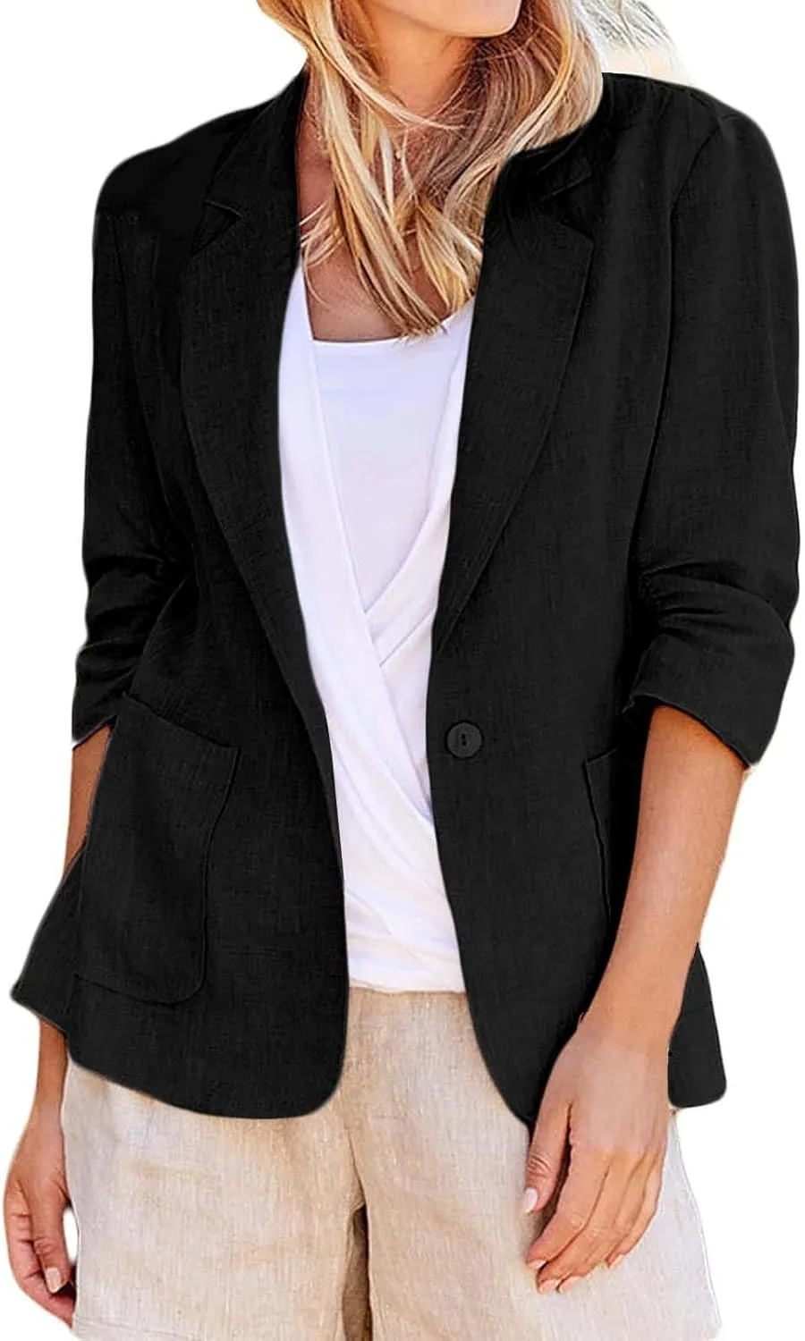2024 Summer Linen Blazer Women 3/4 Ruched Sleeve Summer Lightweight Breathable Casual Work Office Jacket with Pocket