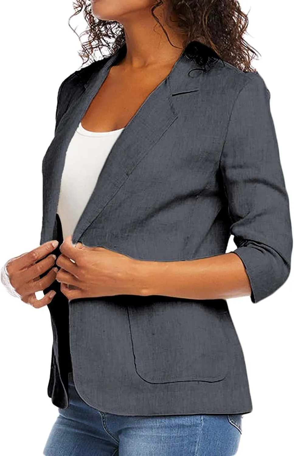 2024 Summer Linen Blazer Women 3/4 Ruched Sleeve Summer Lightweight Breathable Casual Work Office Jacket with Pocket
