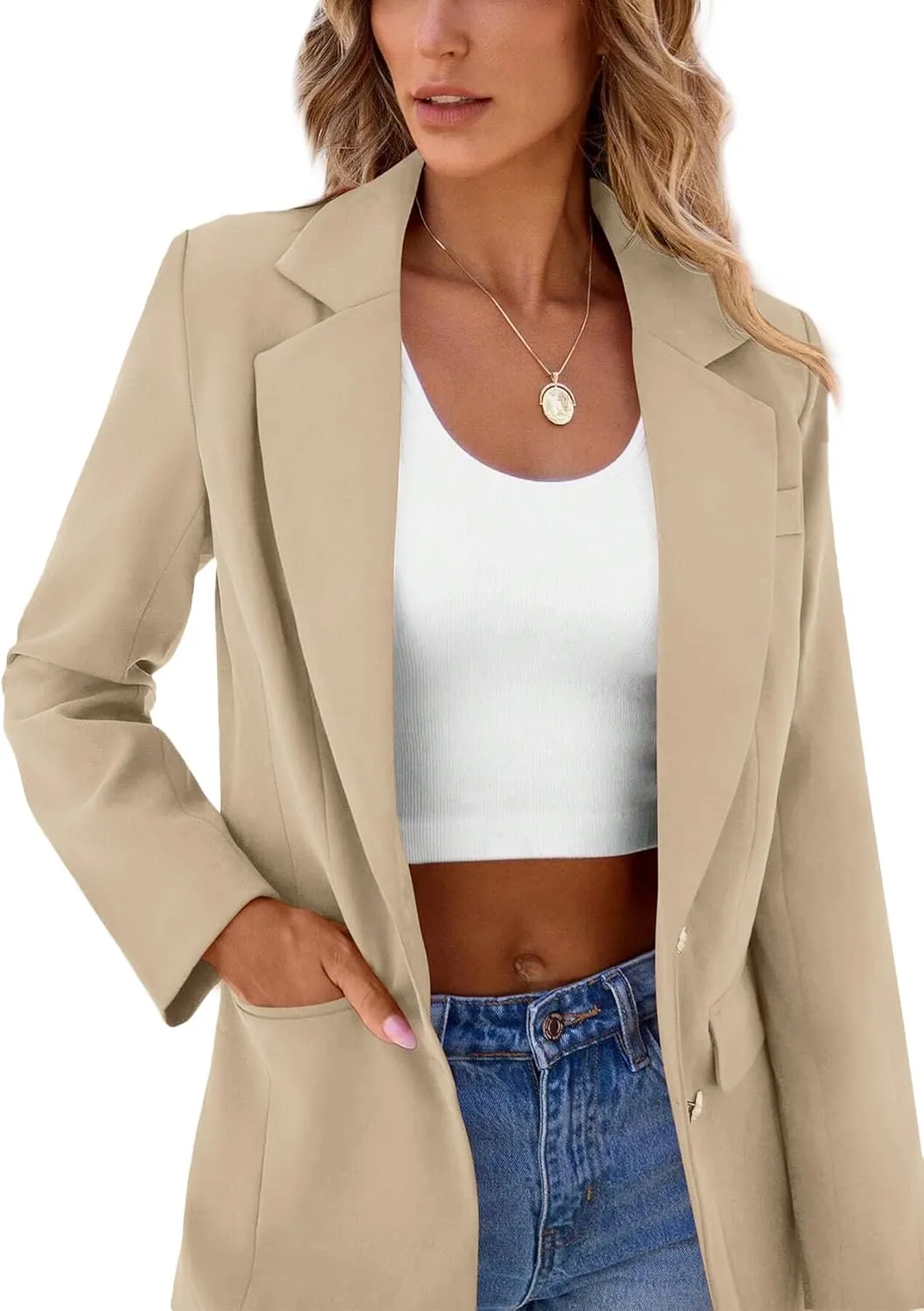 2024 Women's Fall Winter Blazer Business Casual Suit-Fully Lined Notch Lapel Solid Button Loose Jacket with Pockets