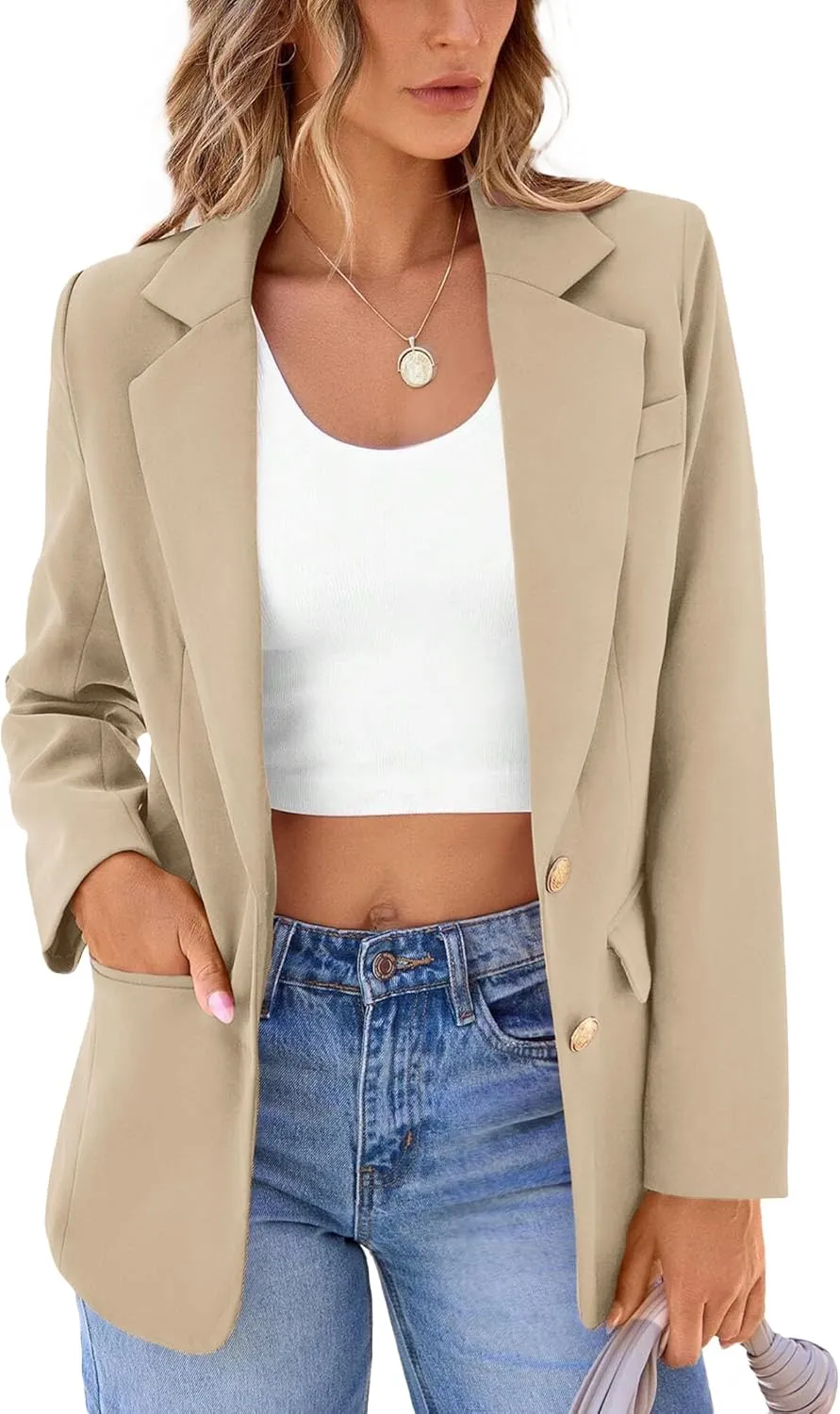 2024 Women's Fall Winter Blazer Business Casual Suit-Fully Lined Notch Lapel Solid Button Loose Jacket with Pockets