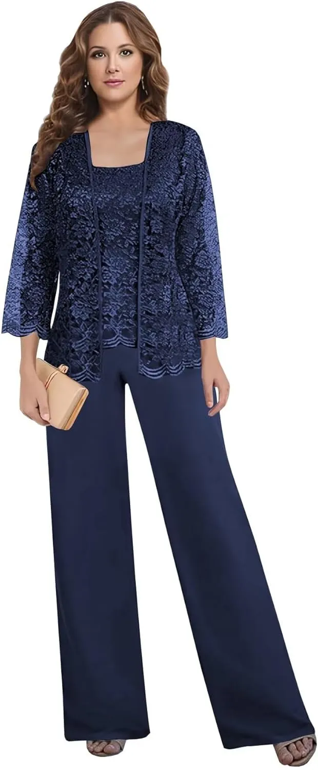3 Pieces Pant Suits for Women Dressy - Chiffon Lace Mother of The Bride Pant Suits for Wedding with Jacket