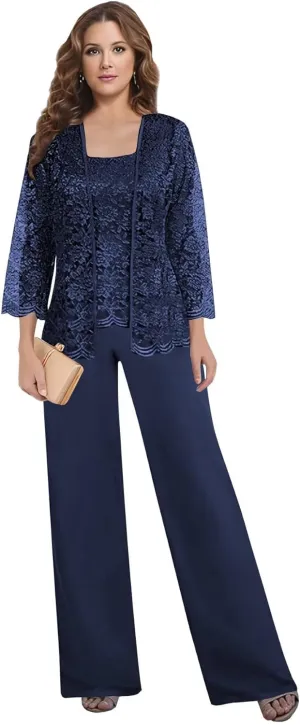3 Pieces Pant Suits for Women Dressy - Chiffon Lace Mother of The Bride Pant Suits for Wedding with Jacket