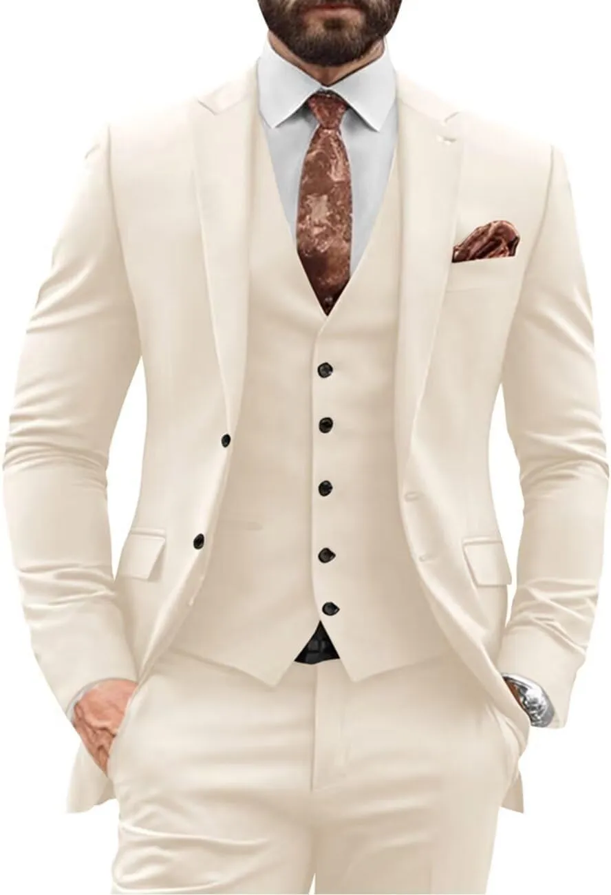 3 Pieces Slim Fit Suit Men Suits for Wedding Single Breasted Suit Two Button Peak Lapel Blazer Vest Pants Sets