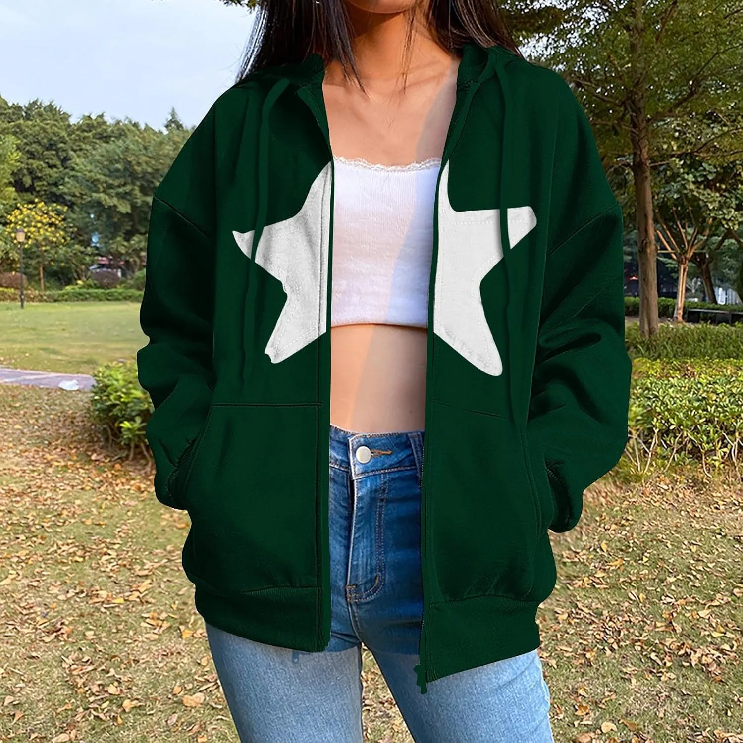 Akklian Y2k Zip Up Hoodies for Women Aesthetic Trendy Oversized Sweatshirt Harajuku 2024 Star Graphic Print Jacket Streetwear