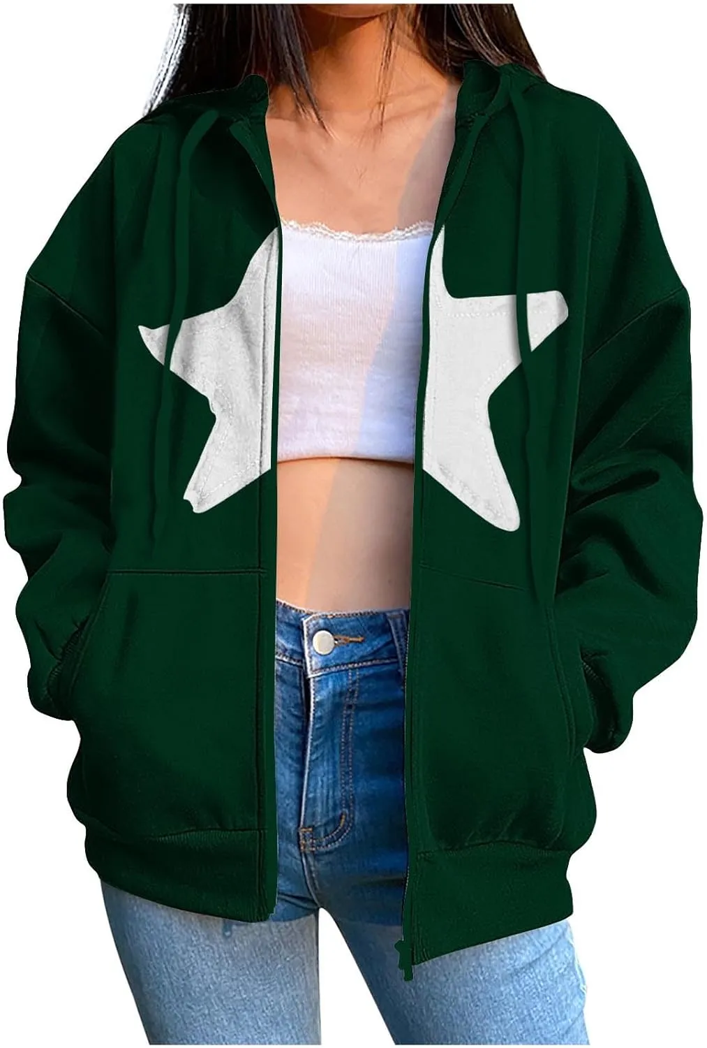Akklian Y2k Zip Up Hoodies for Women Aesthetic Trendy Oversized Sweatshirt Harajuku 2024 Star Graphic Print Jacket Streetwear