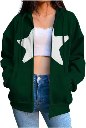 Akklian Y2k Zip Up Hoodies for Women Aesthetic Trendy Oversized Sweatshirt Harajuku 2024 Star Graphic Print Jacket Streetwear