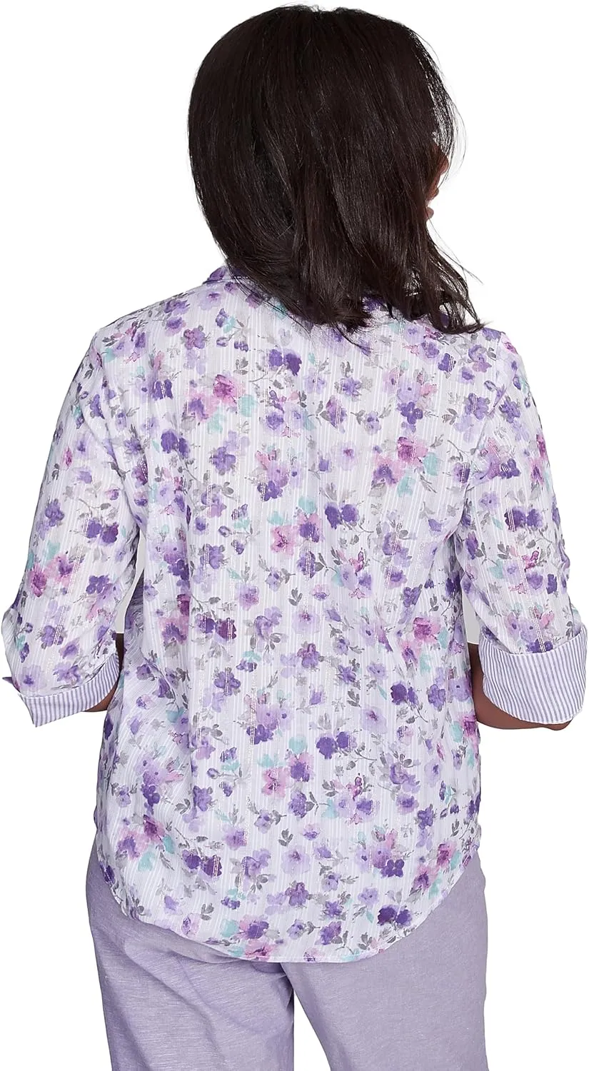 Alfred Dunner Flower with Contrast Strip Button Down Blouse