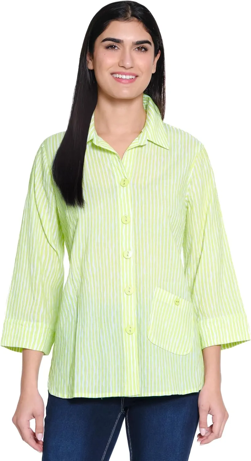 Ali Miles Women's Woven Yarn Dye Button Blouse Wire Collar Front Pocket