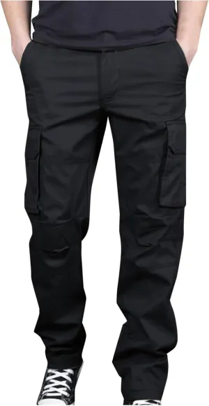 Aymnlox Mens Cotton Cargo Pants Elastic Waist Drawstring Tapered Joggers Sweatpants Casual Long Fashion Trousers with Pockets