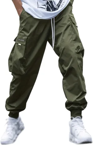 BIFUTON Cargo Pants Men Streetwear Joggers Pants Elastic Waist Hiking Pants Drawstring Cargo Sweatpants with Multi Pockets
