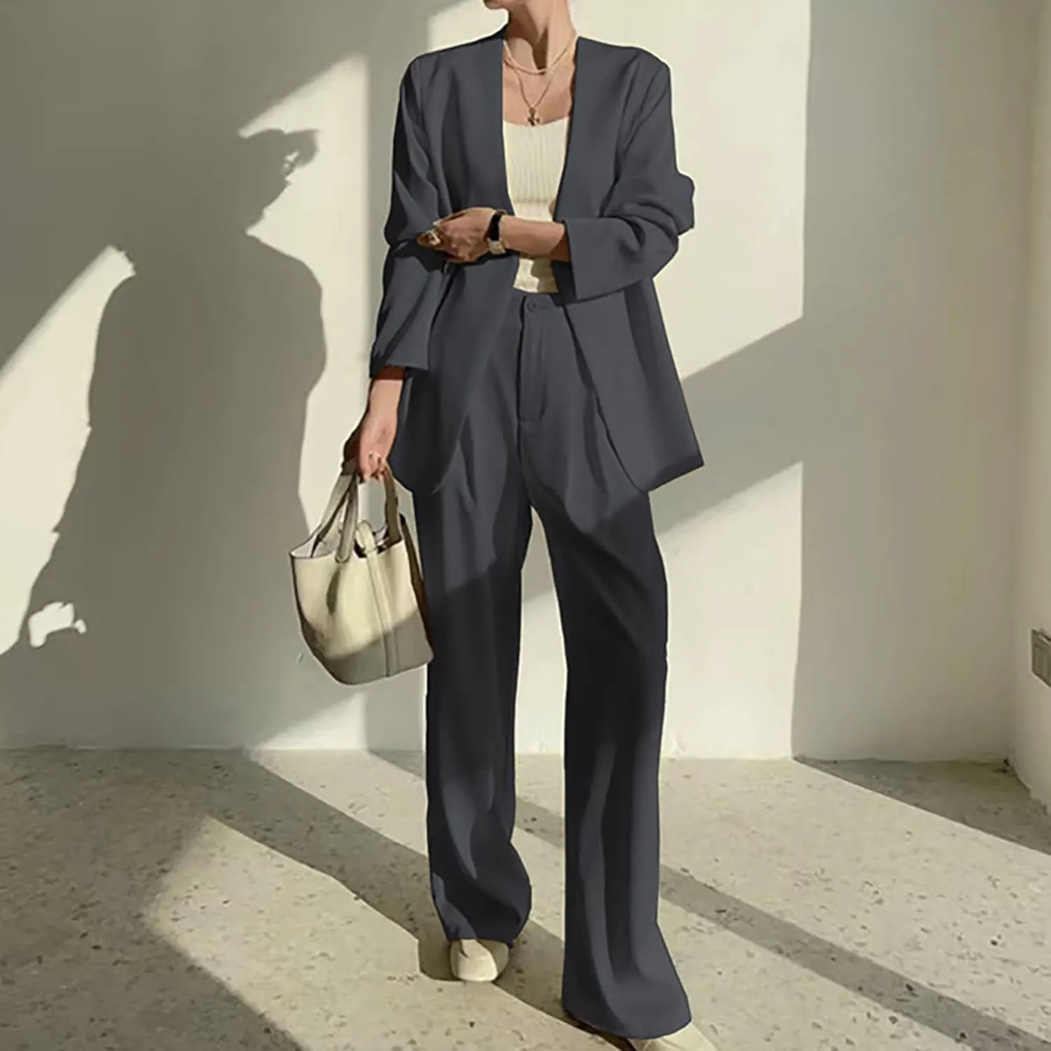 Blazer Sets Women 2 Piece Outfits Casual Loose Long Blazer Jackets and Dressy Wide Leg Pant Suits with Pockets