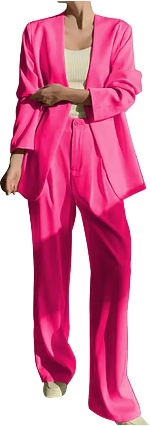 Blazer Sets Women 2 Piece Outfits Casual Loose Long Blazer Jackets and Dressy Wide Leg Pant Suits with Pockets