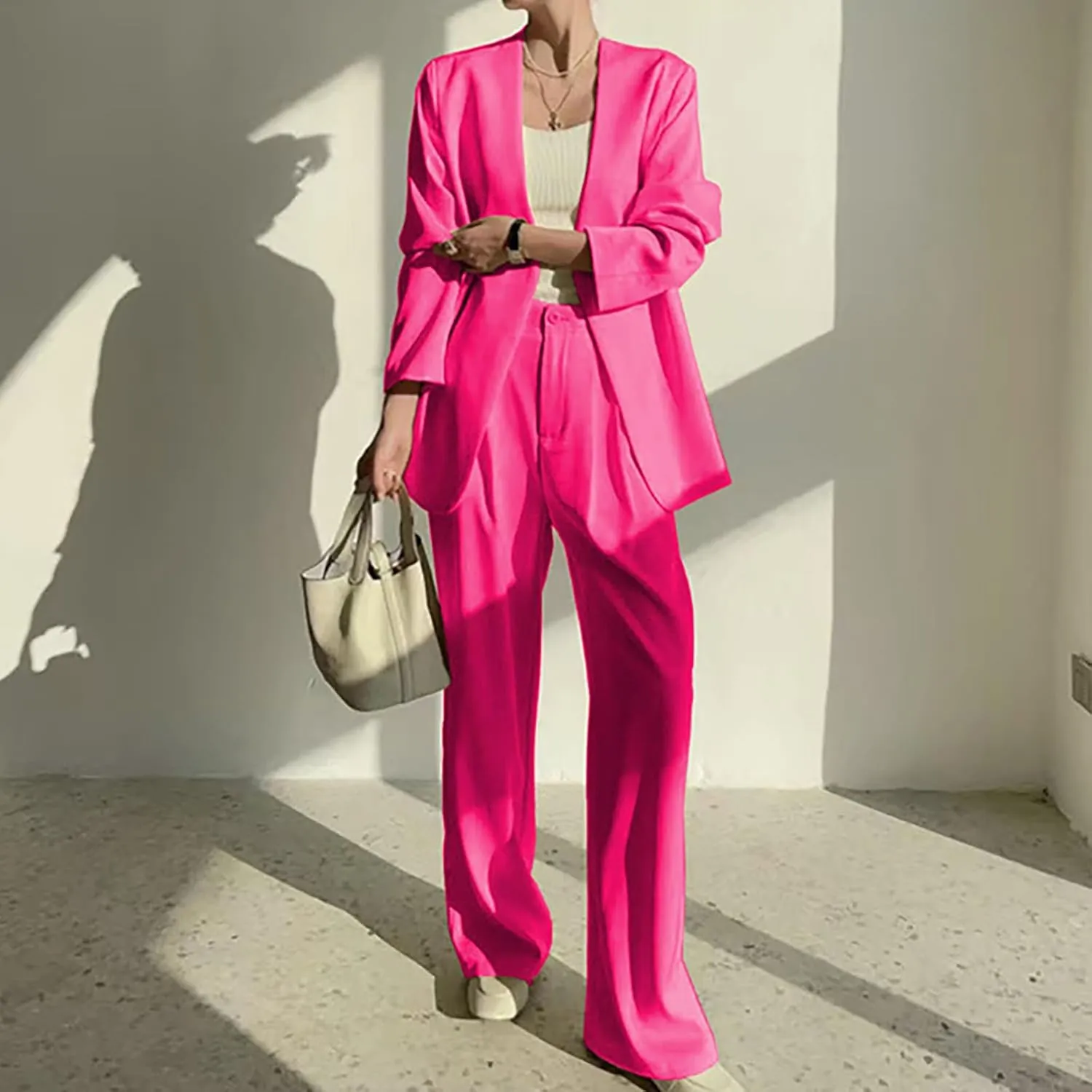 Blazer Sets Women 2 Piece Outfits Casual Loose Long Blazer Jackets and Dressy Wide Leg Pant Suits with Pockets