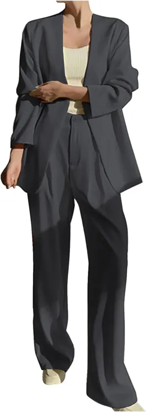 Blazer Sets Women 2 Piece Outfits Casual Loose Long Blazer Jackets and Dressy Wide Leg Pant Suits with Pockets