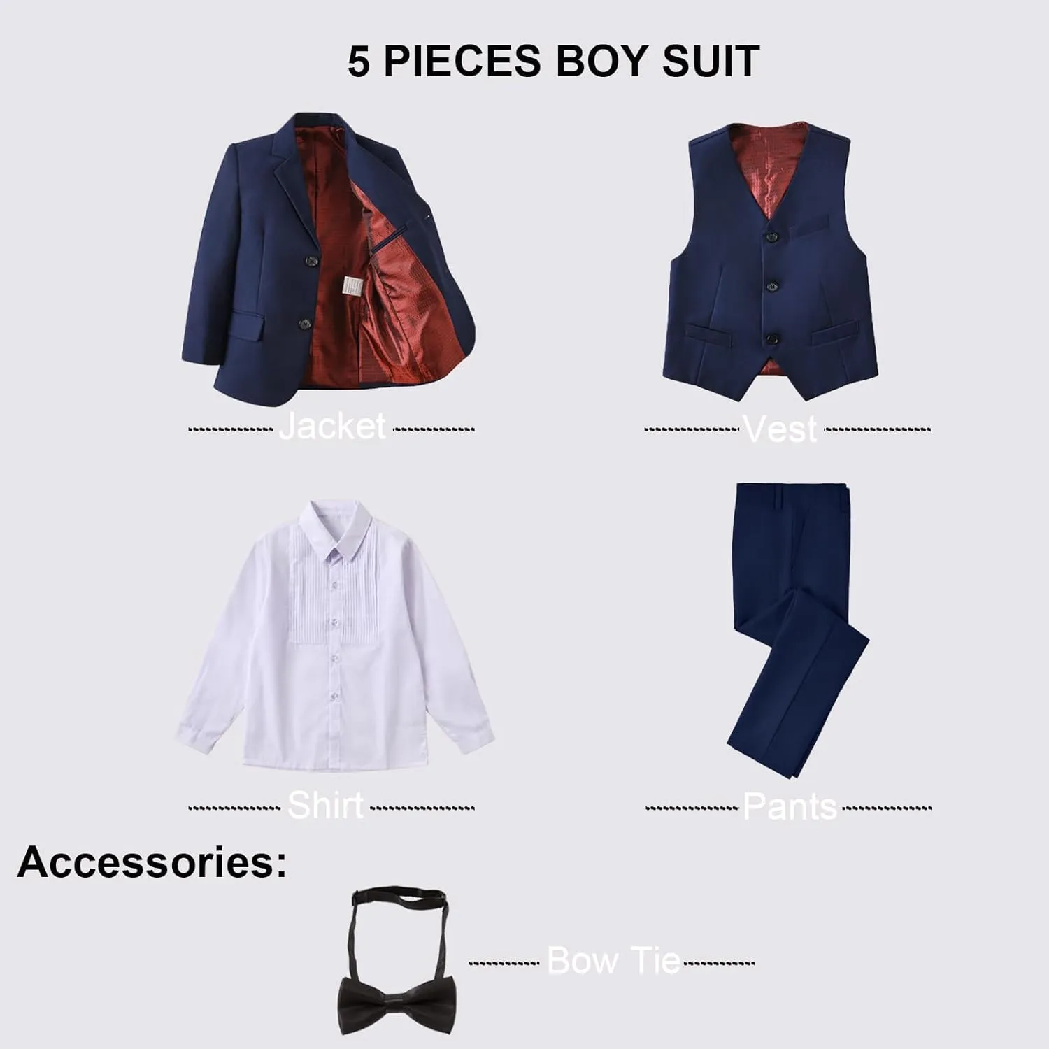 Boy Suits 5 Pieces Formal Suit Set with Adjustable Waist Kids Dress Suit for Wedding Prom