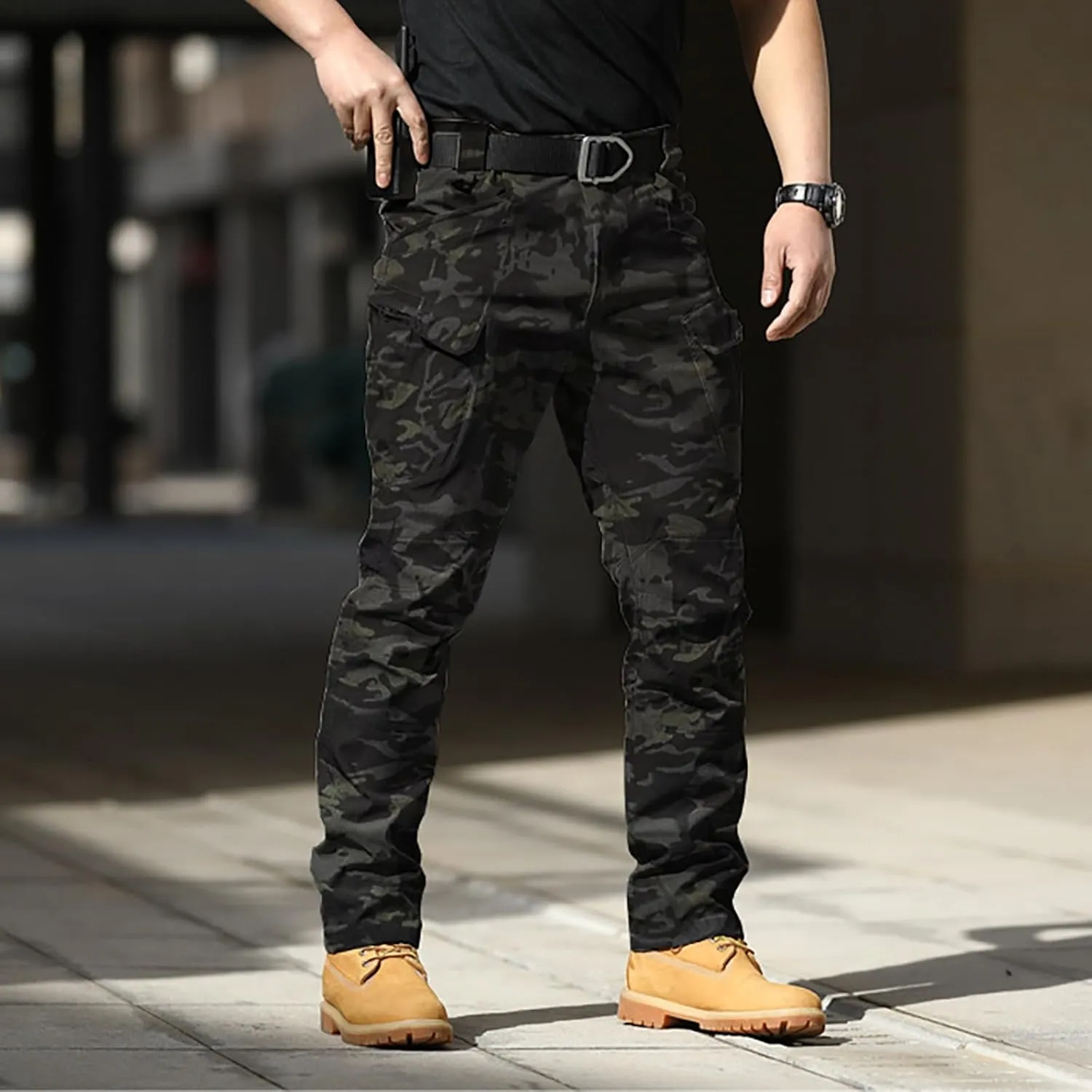 Cargo Pants for Men Camouflage Multi Pockets Elastic Waistband Trousers Fitness Training Work Casual Loose Fit Pants