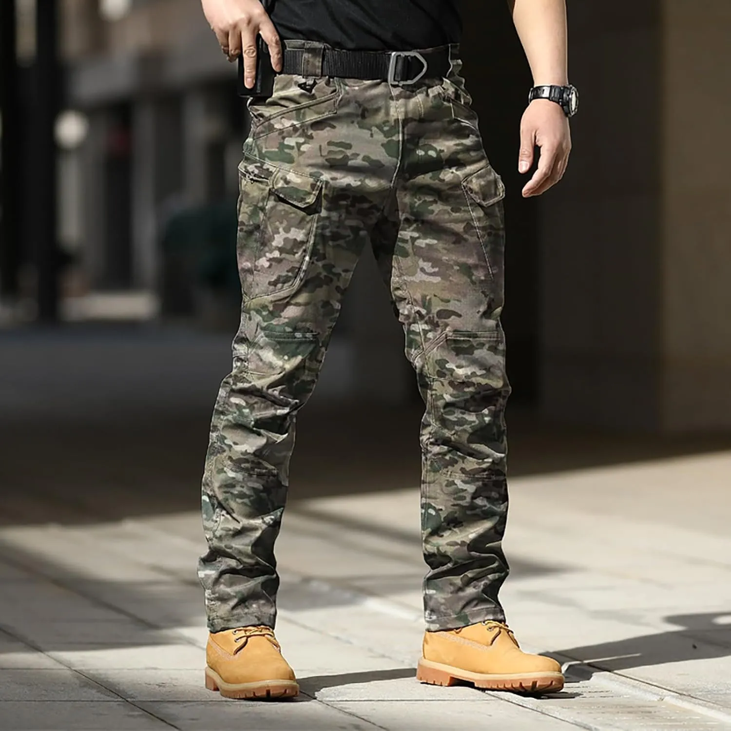 Cargo Pants for Men Camouflage Multi Pockets Elastic Waistband Trousers Fitness Training Work Casual Loose Fit Pants
