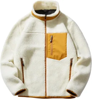 chouyatou Men's Winter Stand Collar Contrast Zip Pocket Fuzzy Sherpa Warm Zip Up Fleece Hoodie Jacket