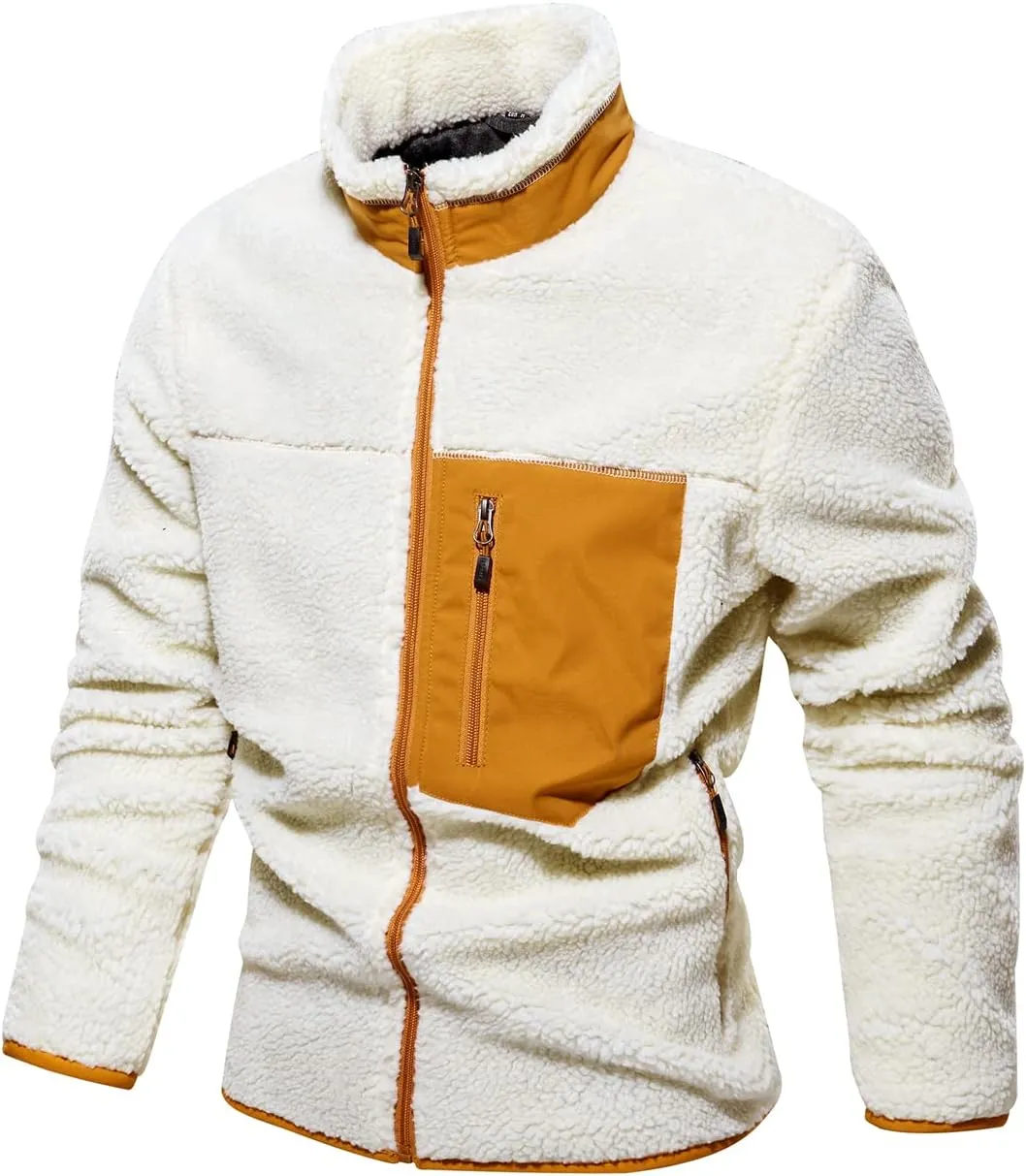chouyatou Men's Winter Stand Collar Contrast Zip Pocket Fuzzy Sherpa Warm Zip Up Fleece Hoodie Jacket