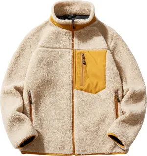 chouyatou Men's Winter Stand Collar Contrast Zip Pocket Fuzzy Sherpa Warm Zip Up Fleece Hoodie Jacket