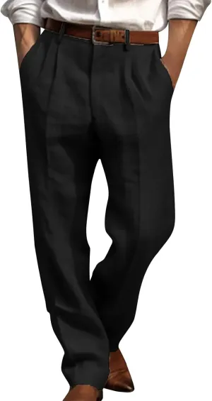 Classic-Fit Pleated Dress Pants for Men Casual Elastic Waist Straight Leg Suit Pant Summer Lightweight Solid Trouser