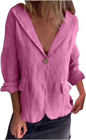 Cotton Linen Blazer for Womens Casual Long Sleeve Button Front Lapel Jackets Loose Lightweight Suit Jackets Blazer