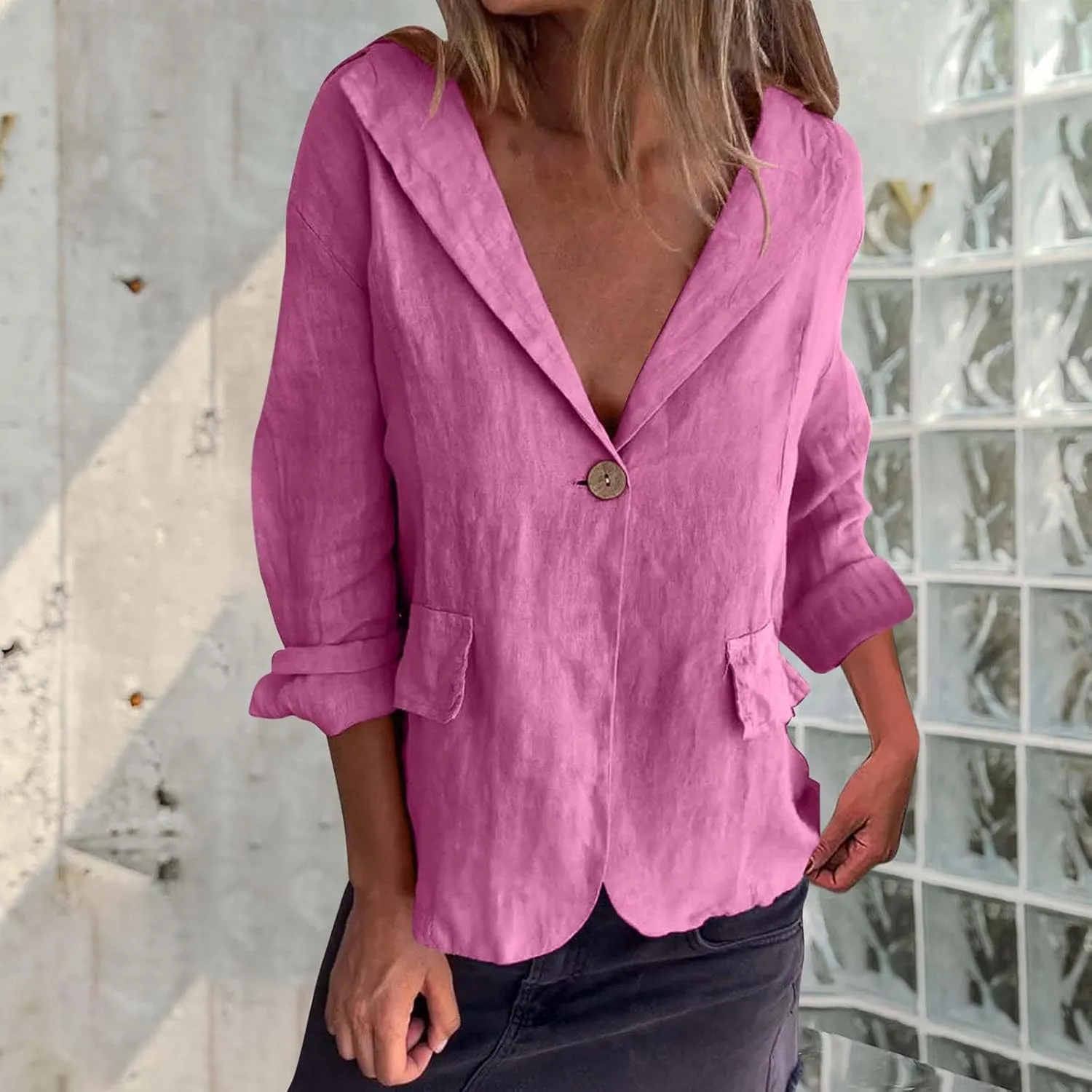 Cotton Linen Blazer for Womens Casual Long Sleeve Button Front Lapel Jackets Loose Lightweight Suit Jackets Blazer