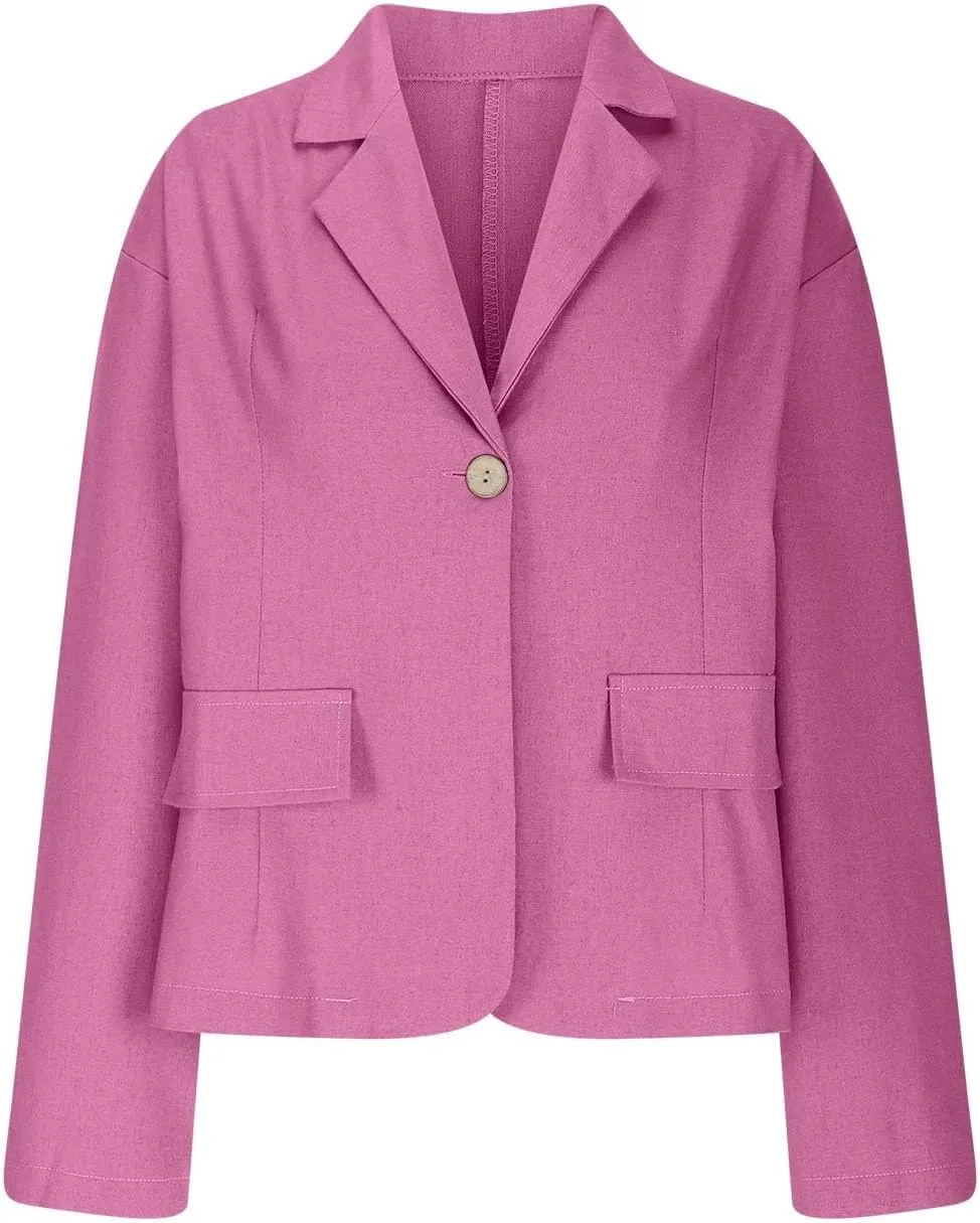 Cotton Linen Blazer for Womens Casual Long Sleeve Button Front Lapel Jackets Loose Lightweight Suit Jackets Blazer