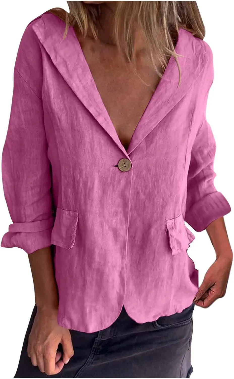 Cotton Linen Blazer for Womens Casual Long Sleeve Button Front Lapel Jackets Loose Lightweight Suit Jackets Blazer