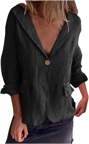 Cotton Linen Blazer for Womens Casual Long Sleeve Button Front Lapel Jackets Loose Lightweight Suit Jackets Blazer