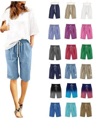 Cotton Linen Shorts for Women Loose Fit Knee Length Bermuda Shorts Elastic Waist Workout Shorts Casual Summer Shorts