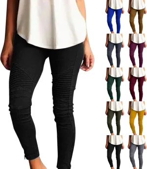 CRNTCEM Womens Cotton Jeggings for Women High Waisted Stretch Skinny Moto Biker Leggings Pleated Slim Pull-On Pencil Pants