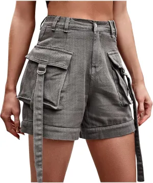 DASAYO 2023 Summer Womens Front Button Pocket Cargo Shorts Elastic Waist Casual Walking Shorts Rolled Hem Casual Denim Shorts