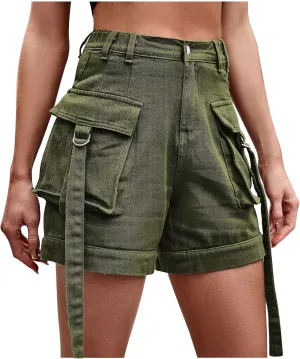 DASAYO 2023 Summer Womens Front Button Pocket Cargo Shorts Elastic Waist Casual Walking Shorts Rolled Hem Casual Denim Shorts
