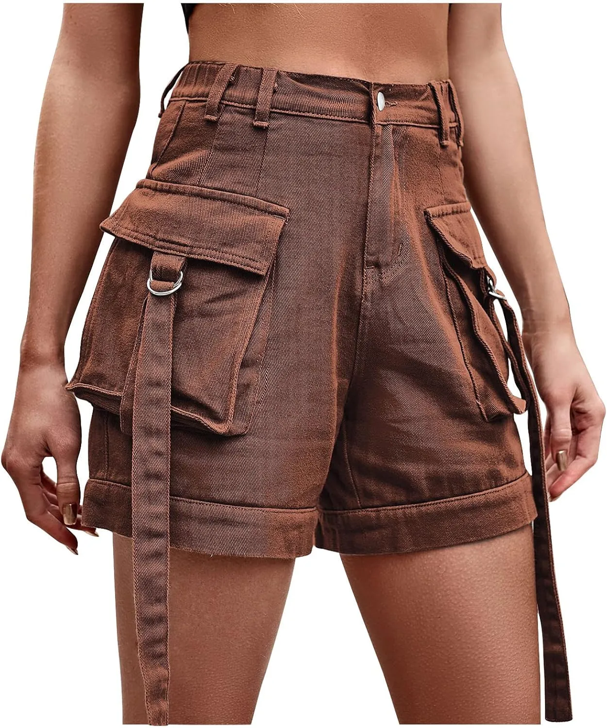 DASAYO 2023 Summer Womens Front Button Pocket Cargo Shorts Elastic Waist Casual Walking Shorts Rolled Hem Casual Denim Shorts