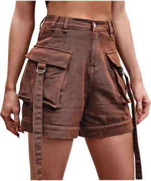 DASAYO 2023 Summer Womens Front Button Pocket Cargo Shorts Elastic Waist Casual Walking Shorts Rolled Hem Casual Denim Shorts