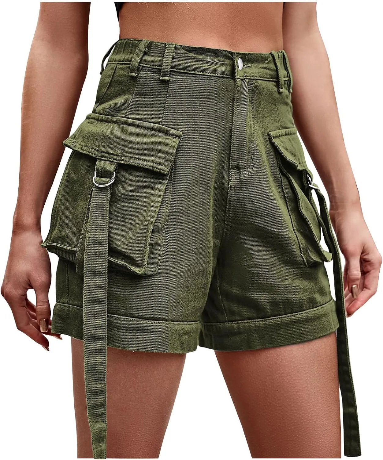 DASAYO 2023 Summer Womens Front Button Pocket Cargo Shorts Elastic Waist Casual Walking Shorts Rolled Hem Casual Denim Shorts