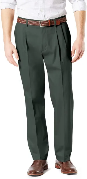 Dockers Men's Classic Fit Signature Khaki Lux Cotton Stretch Pants-Pleated (Regular and Big & Tall), Olive Grove, 40W x 29L