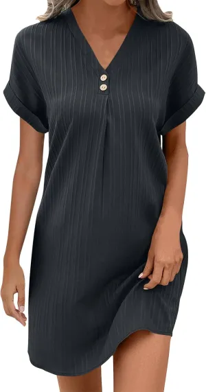 Dressy Striped Textured Mini Dress Women Summer Cuffed Short Sleeve Button V Neck Work Dresses Office Casual T Shirt Dress