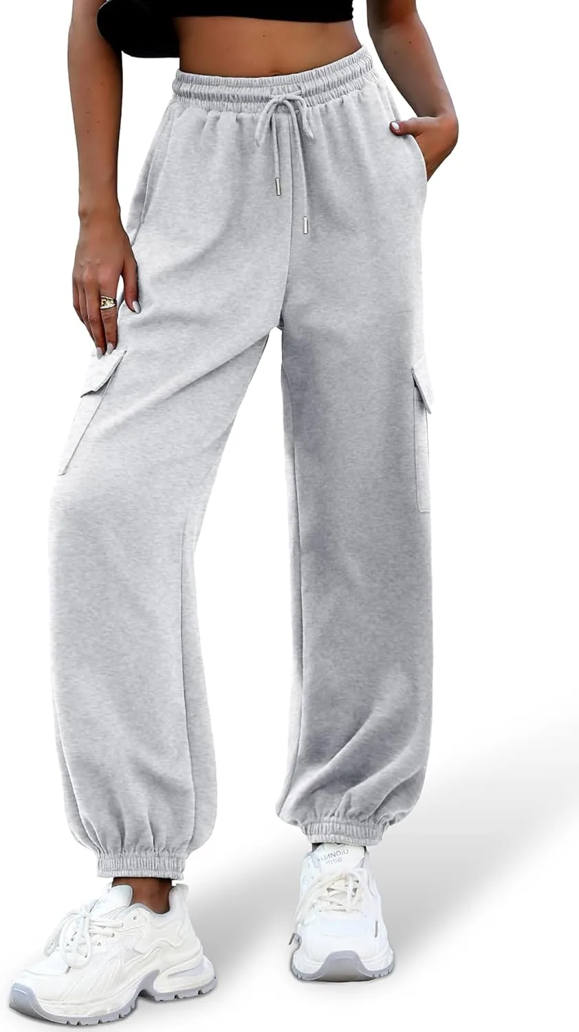 ELLEVEN High Waisted Sweatpants for Women - Baggy Cuffed Jogger with Cargo Pockets and Adjustable Drawstring