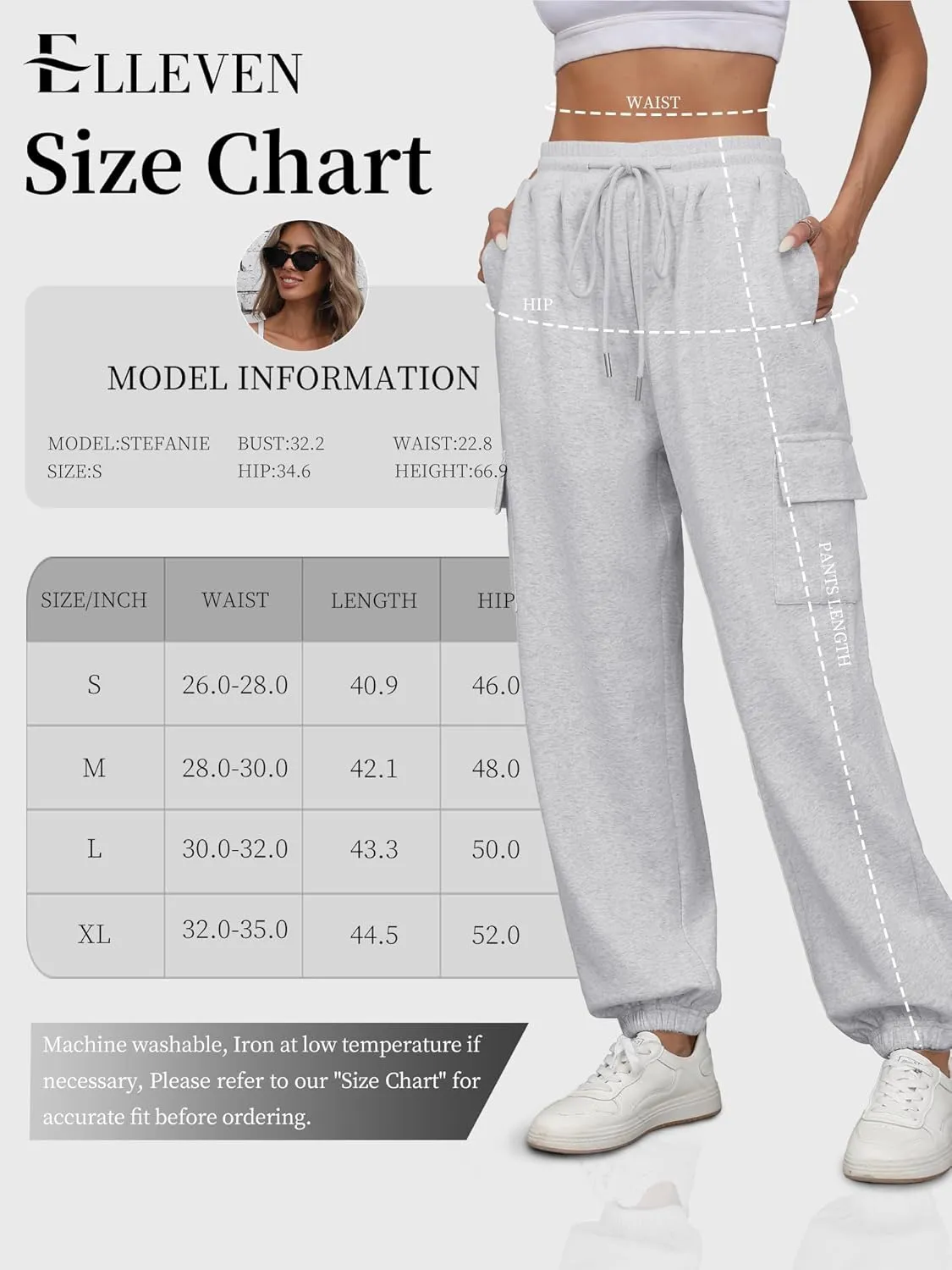 ELLEVEN High Waisted Sweatpants for Women - Baggy Cuffed Jogger with Cargo Pockets and Adjustable Drawstring