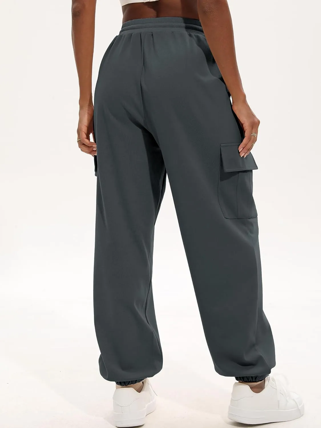 ELLEVEN High Waisted Sweatpants for Women - Baggy Cuffed Jogger with Cargo Pockets and Adjustable Drawstring