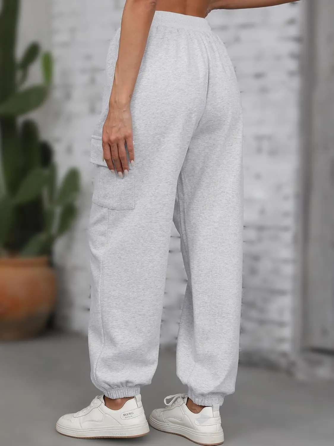 ELLEVEN High Waisted Sweatpants for Women - Baggy Cuffed Jogger with Cargo Pockets and Adjustable Drawstring