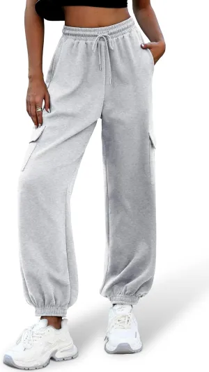 ELLEVEN High Waisted Sweatpants for Women - Baggy Cuffed Jogger with Cargo Pockets and Adjustable Drawstring