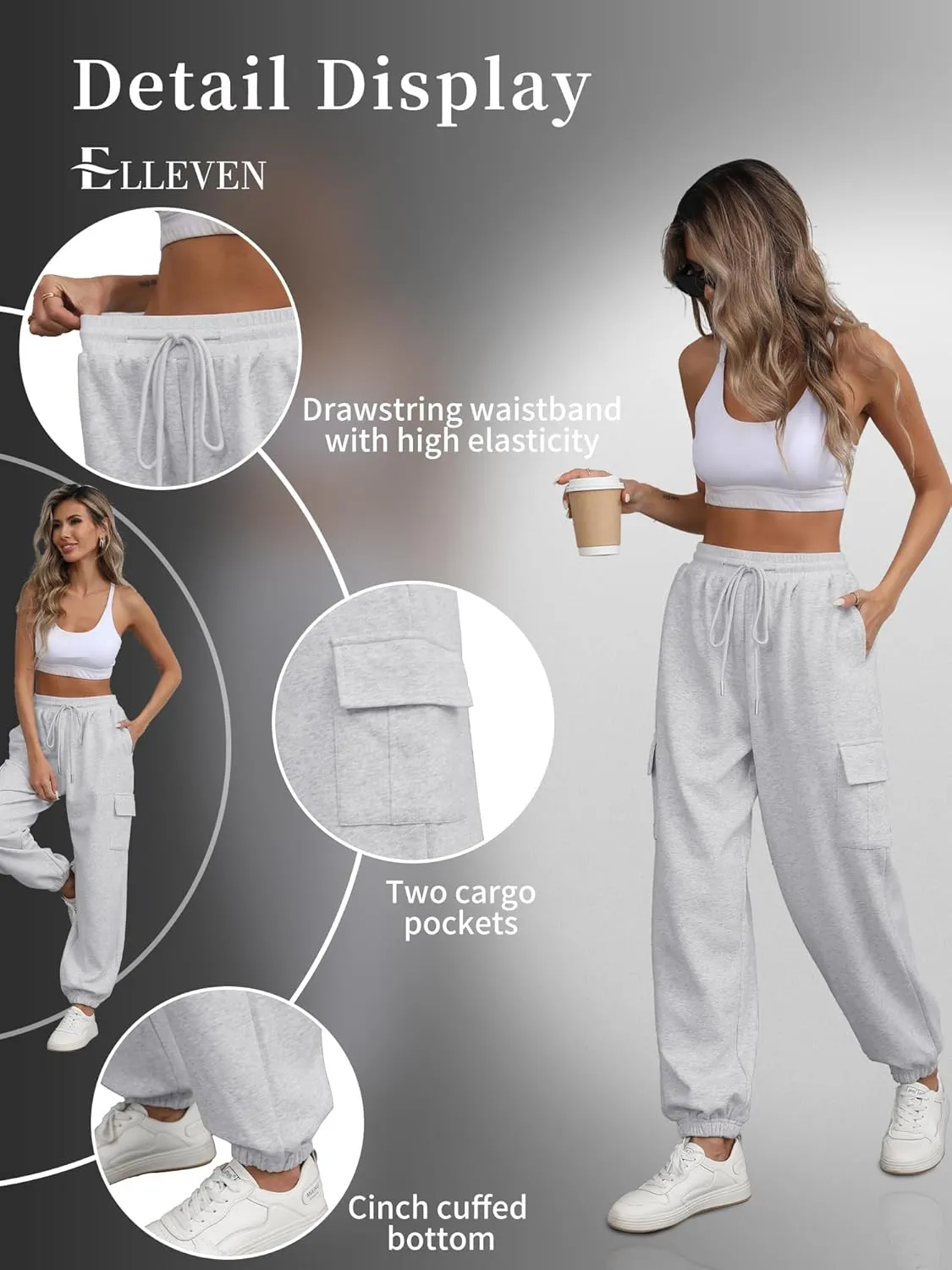 ELLEVEN High Waisted Sweatpants for Women - Baggy Cuffed Jogger with Cargo Pockets and Adjustable Drawstring