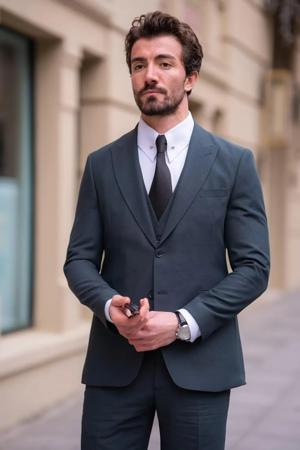 EMERAIDVLN Men's Party Suits 3 Piece Slim Fit Wedding Prom Business Suit 2 Button Peak Lapel Blazer Vest and Pants Tuxedo Set